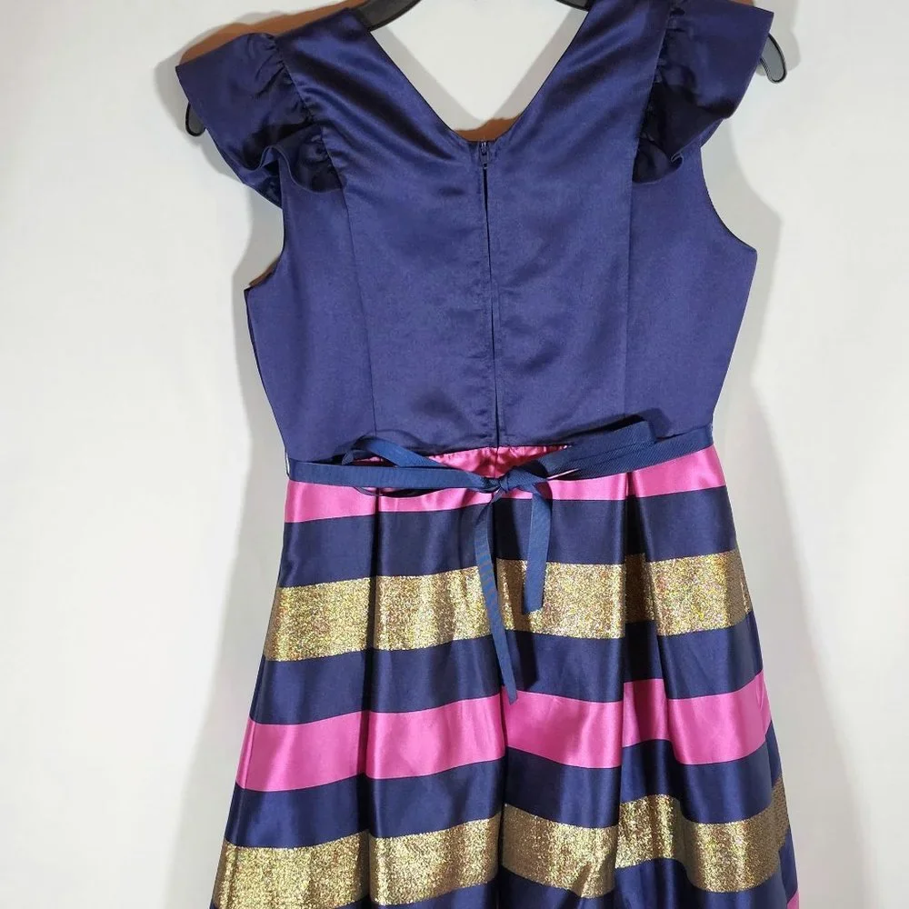 Rare‎ Editions Girls Size 14 Navy Blue Metallic Gold Plum Stripe Dress